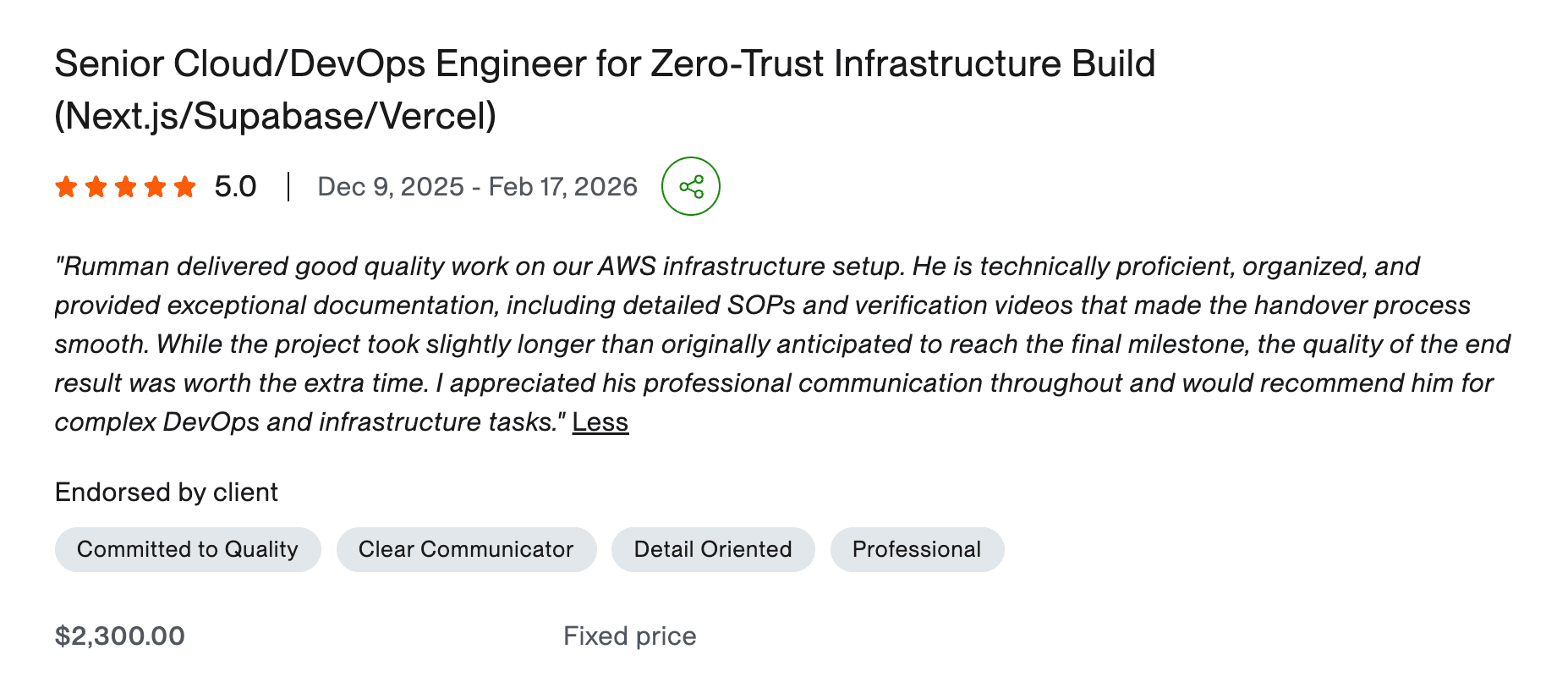 Upwork review: He is technically proficient, organized, and provided exceptional documentation, including detailed SOPs and verification videos that made the handover process smooth.