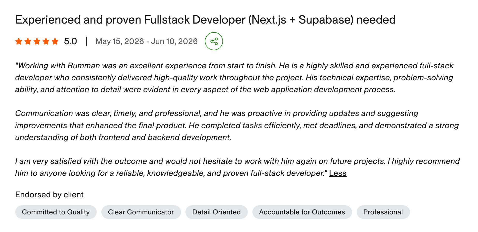 Upwork review: His technical expertise, problem-solving ability, and attention to detail were evident in every aspect of the web application development process.